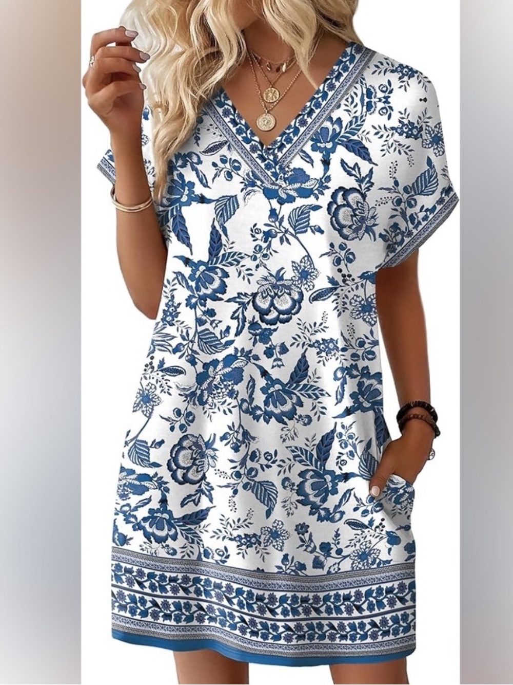 ☀️ Wiholl Blue and White Floral Patterned Dress with Pockets